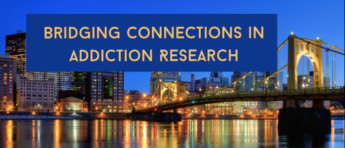An image of a bridge in Pittsburgh at night with the text "Bridging Connections in Addiction Research"